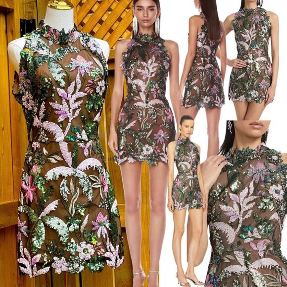 🆕 BRONX & BANCO 🧿 NWOT Leona Embroidered Halter Neck Mini Dress, Sz L / US 8 - Picture 1 of 14